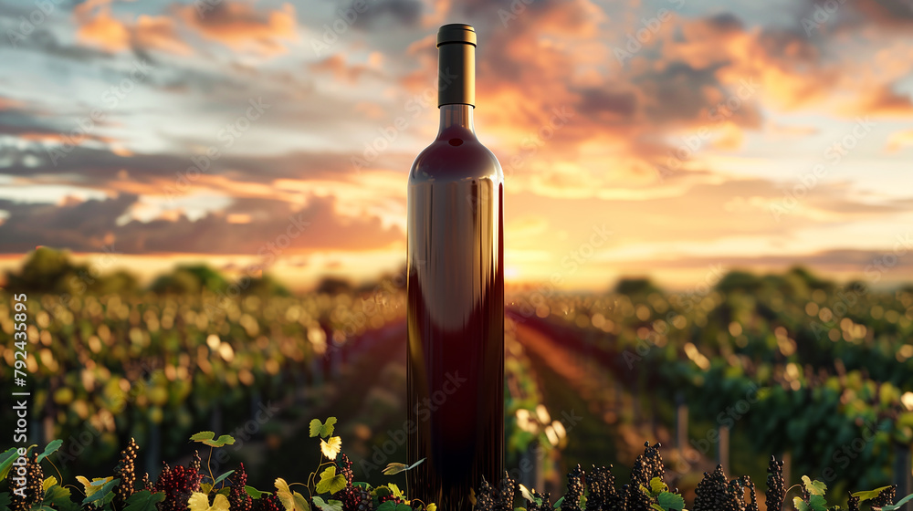 A bottle of wine is sitting in a field of flowers. The sky is a beautiful mix of orange and pink hues, creating a serene and peaceful atmosphere