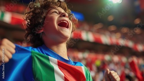 A happy fan at a public event in a stadium  holding an Italian flag with a smile and making a gesture  while enjoying the fun and leisure with a cheering crowd. AIG41
