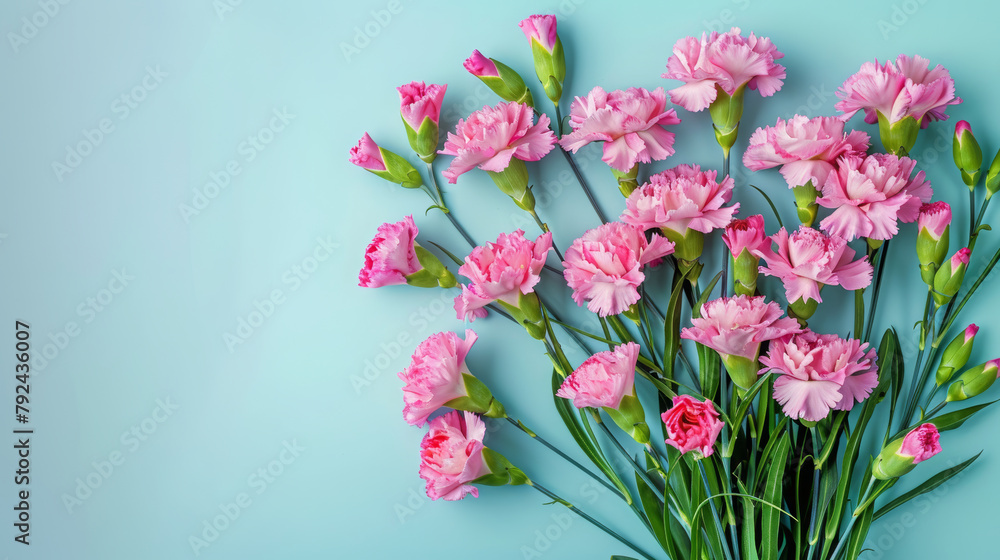 flat lay, Mother’s Day greeting card, a carnations bouquet at right, isolated on pastel gradient background...