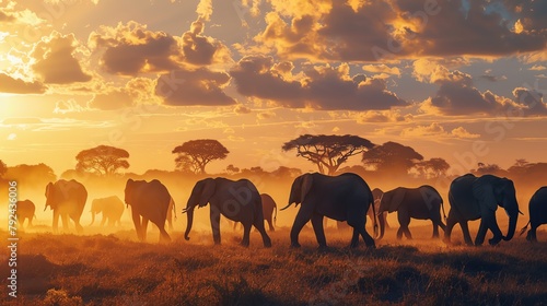 Herd of elephants walking through a dusty savannah at sunset  silhouettes and vibrant sky capturing the essence of wildlife.