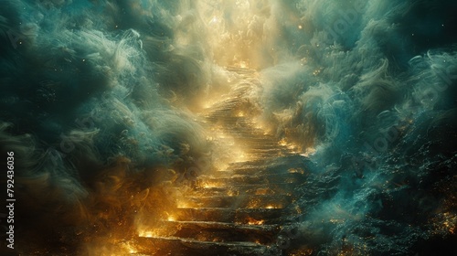 Stairway to heaven among the sea of clouds. Religious background.