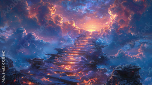 Stairway to heaven among the sea of clouds. Religious background. #792436037