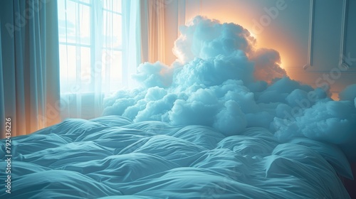 bed stand in blue fluffy cloud symbolic for good sleep sky setting,art illustration photo