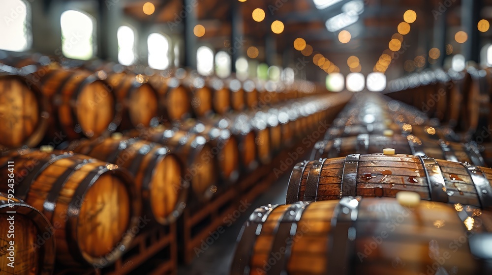 whiskey bourbon scotch barrels in an aging facilityillustration image