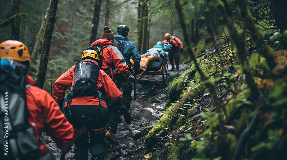 Mountain rescue team using a stretcher to carry an injured climber down a steep trail, dense forest around, depicting teamwork and risk management. Mountain rescue team using a stretcher to carry an injured climber down a steep trail, dense forest around, depicting teamwork and risk management.