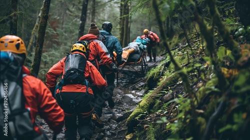 Mountain rescue team using a stretcher to carry an injured climber down a steep trail, dense forest around, depicting teamwork and risk management.