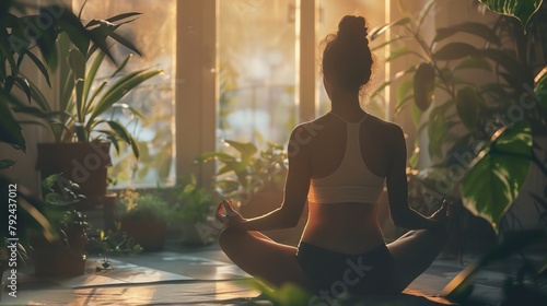 Woman meditating in a serene indoor space, surrounded by plants and soft natural light, focus on mental health and relaxation. photo