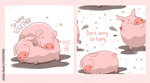 So happy together. Vector set of seamless pattern and one print with happy piglets sleeping in mud puddle. Endless texture can be used for textile pattern fills, t-shirt design, web page background