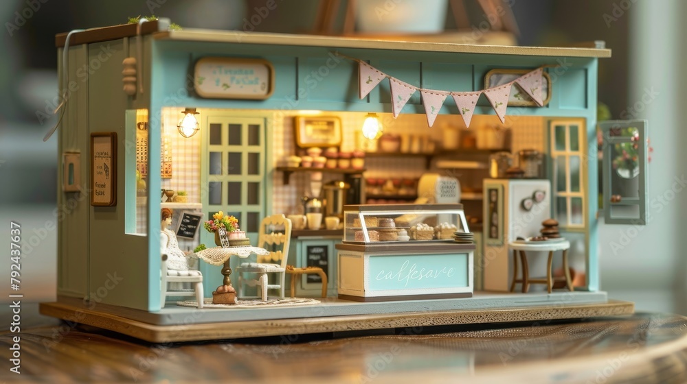 A small model of a bakery shop with a display case and a counter
