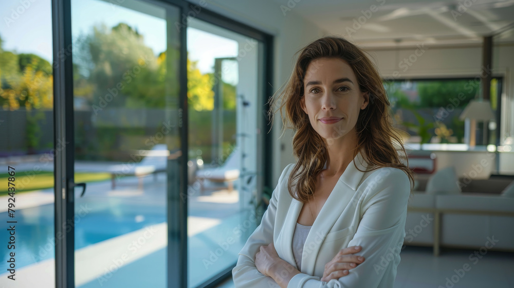 Confident European woman real estate agent stands proudly inside a modern home, radiating expertise and approachability, ready to assist potential house buyers Confident European woman real estate agent stands proudly inside a modern home, radiating expertise and approachability, ready to assist potential house buyers