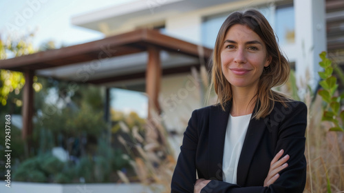 Confident European woman real estate agent stands proudly outside a modern home, radiating expertise and approachability, ready to assist potential house buyers