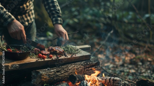 A man is cooking food over a fire in a forest