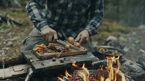 A man is cooking food over a fire in a forest