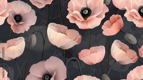 Realistic digital painting of vibrant pink poppies on a dark, moody background with vivid detail.