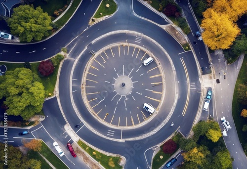 'aerial top view roundabout drone traffic small road quiet junction circle high city urban transport street transportation architecture highway landscape car'