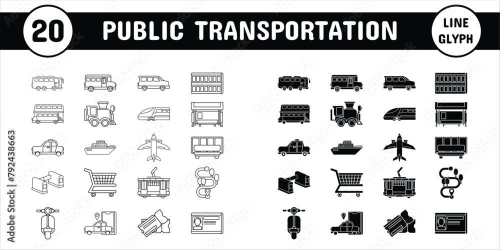 Public Transportation Line Glyph Vector Illustration Icon Sticker Set Design Materials x 4000