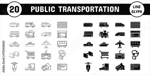 Public Transportation Line Glyph Vector Illustration Icon Sticker Set Design Materials x 4000