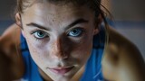 A pensive portrait of a gymnast her strong and defined muscles evident as she mentally prepares for her performance on the balance beam. .