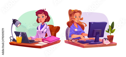 Female doctor and nurse working on computer isolated on white background. Vector cartoon illustration of medic providing telemedicine consultation online, staff keeping medical records on laptop © klyaksun