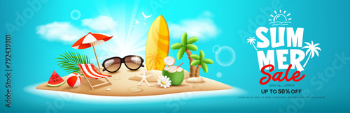 Summer Sale island beach, surfboard, pile of sand, coconut tree, watermelon, beach umbrella, beach chair, beach ball, coconut fruit, banner design, on cloud blue background, EPS 10 vector illustration