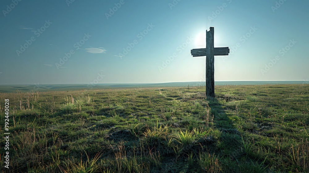 A simple depiction of the cross against a backdrop of rolling hills and a clear blue sky, conveying a feeling of tranquility and spiritual clarity. Religious background.