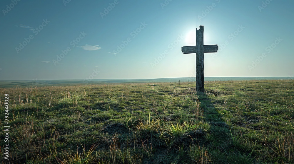 A simple depiction of the cross against a backdrop of rolling hills and a clear blue sky, conveying a feeling of tranquility and spiritual clarity. Religious background. A simple depiction of the cross against a backdrop of rolling hills and a clear blue sky, conveying a feeling of tranquility and spiritual clarity. Religious background.