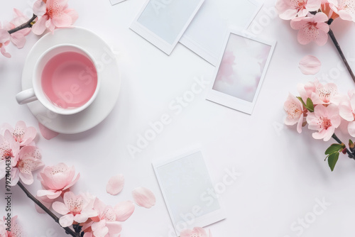 Flat lay photography  top view of pink  flowers and petals around a cup with tea on a white background with white photo frames. The arrangement is in the style of a still life. 