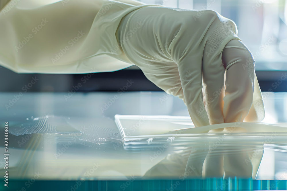 A person wearing gloves is cleaning a glass surface in lab.. Concept of cleanliness and hygiene. A person wearing gloves is cleaning a glass surface in lab.. Concept of cleanliness and hygiene.