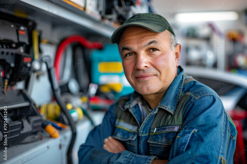 A mechanic is smiling at garage A mechanic is smiling at garage