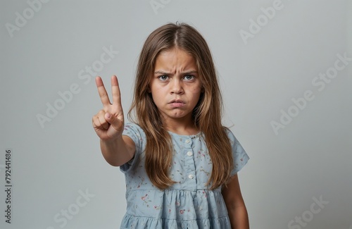 Little girl angry, showing two fingers on a light isolated background