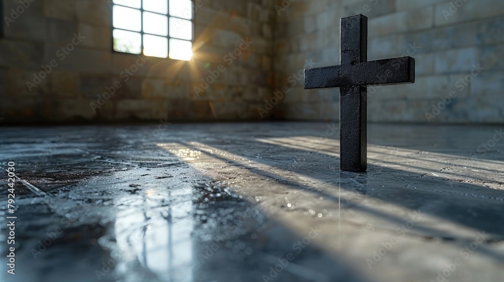 Naklejka premium Perspective View of Christian Cross. A titled perspective view of a Christian cross against a clean wall background. Religious Background.