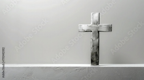 Religious background of a silver cross on a clean white wall background. Religious Background.