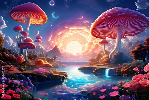 A colorful painting featuring psychedelic mushrooms and vibrant flowers in a whimsical and surreal composition.
