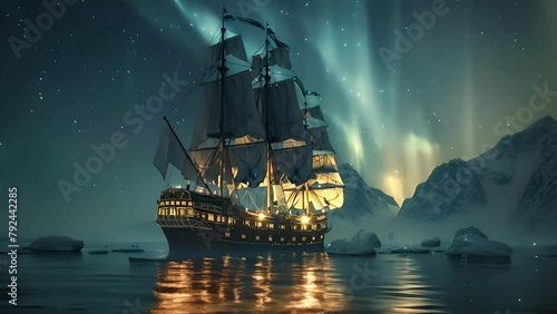 Wallpaper Mural A large ship sails through a dark ocean with a glowing aurora in the background. Scene is serene and peaceful, as the ship glides through the calm waters under the mesmerizing light show Torontodigital.ca