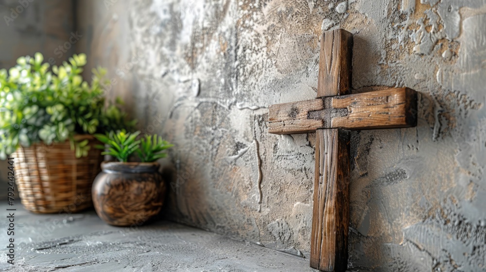 A perspective view of a cross against a clean wall background, providing a unique angle that adds depth and dimension to religious-themed designs. Religious Background. A perspective view of a cross against a clean wall background, providing a unique angle that adds depth and dimension to religious-themed designs. Religious Background.