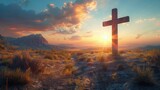 The cross standing tall in a desert landscape during the golden hour, radiating a sense of serenity and divine presence. Religious Background.