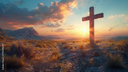 The cross standing tall in a desert landscape during the golden hour, radiating a sense of serenity and divine presence. Religious Background. photo