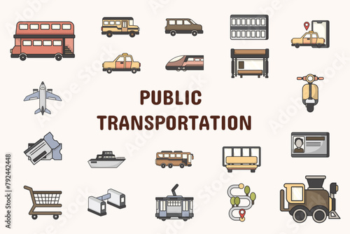 Public Transportation Lineal Color Vector Illustration Icon Sticker Set Design Materials