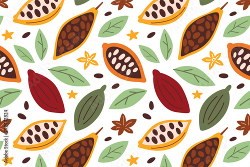 Cocoa beans and leaves, vector illustrations of cacao fruit, exotic seamless pattern with plants, cinnamon and vanilla doodles, colored ornament of tropical fruits icons, wrapping paper for chocolate