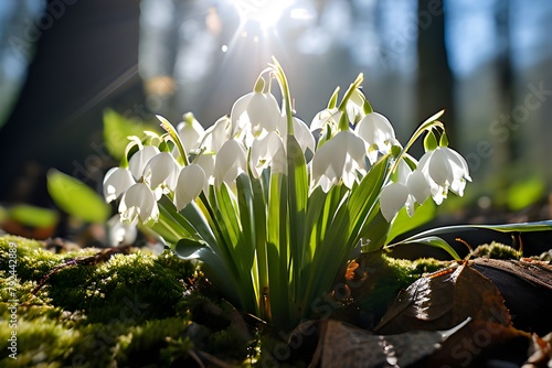 Snowdrop flowers in forest. Beautiful white blooms amidst lush greenery. Serene and enchanting nature scene. photo