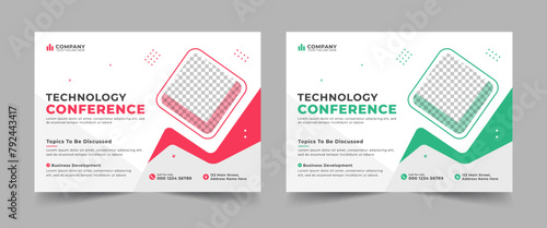Corporate horizontal business conference flyer template. Technology conference social media banner layout, live webinar event invitation banner