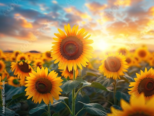 Vibrant sunflower field under blue sky photo