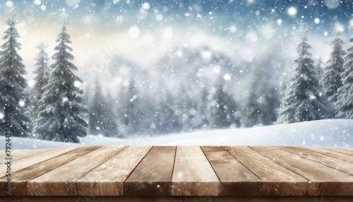 Christmas Time Presentation: Empty Wooden Table Product Display Mockup with Snow Landscape © sajjad farooq baloch