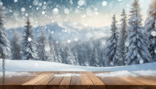 Winter Nature Bokeh Background: Wooden Table with Snowy Trees © sajjad farooq baloch