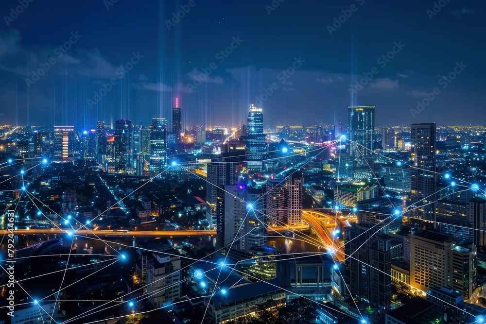 Smart network and Connection technology concept with Bangkok city background at night in Thailand, Panorama view - generative ai