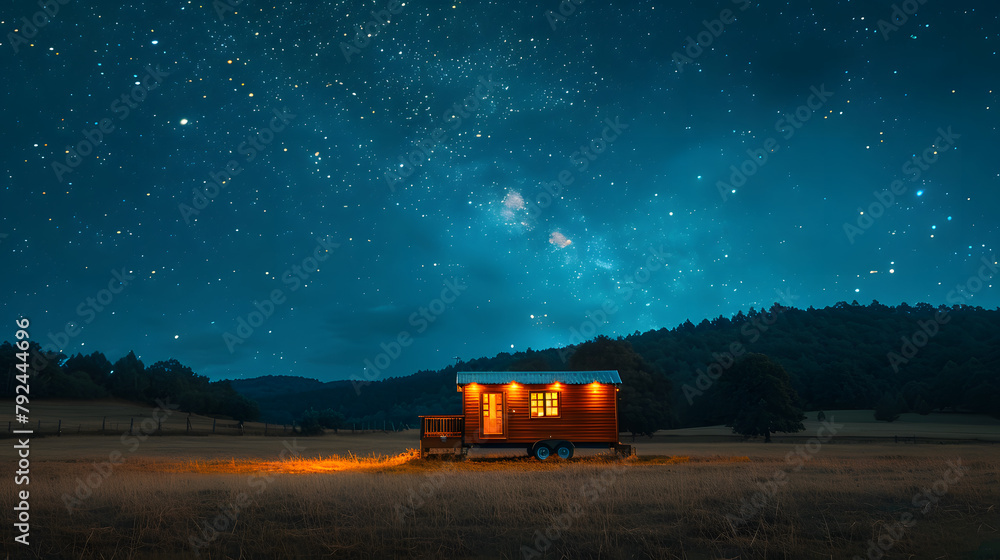 A tiny house, with a starry night sky as the background, during a clear night filled with constellations - obrazy, fototapety, plakaty 