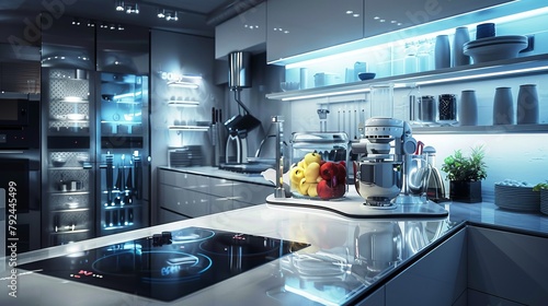 This picture imagines a kitchen. The future represents food technology. --ar 16:9 --style raw Job ID: 05f55414-e3eb-40b0-8a46-b62ca6a79749 photo