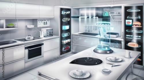 This picture imagines a kitchen. The future represents food technology. --ar 16:9 --style raw Job ID: 05f55414-e3eb-40b0-8a46-b62ca6a79749 photo