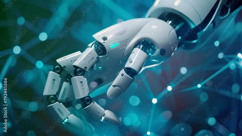 A robot hand is shown in a blue background with a lot of lines. The ...