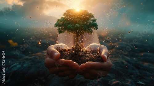 Conceptual image of a tree flourishing from soil held in human hands, symbolizing growth and environmental care. AIG41 photo